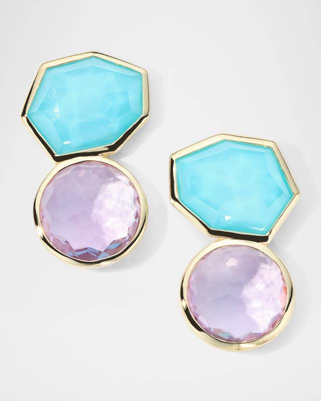 18K Gold Rock Candy Large 2-Stone Earrings in Rock Crystal and Turquoise